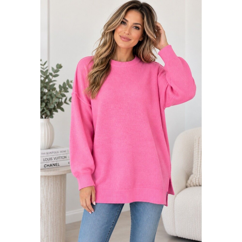 BTFBM Women's M Hot Pink Oversized Knit Sweater Crew Neck Long Sleeve Tunic Fall